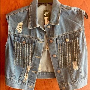Lucky & Blessed Distressed Stone Wash Denim Sparkle Fringe Vest Size M